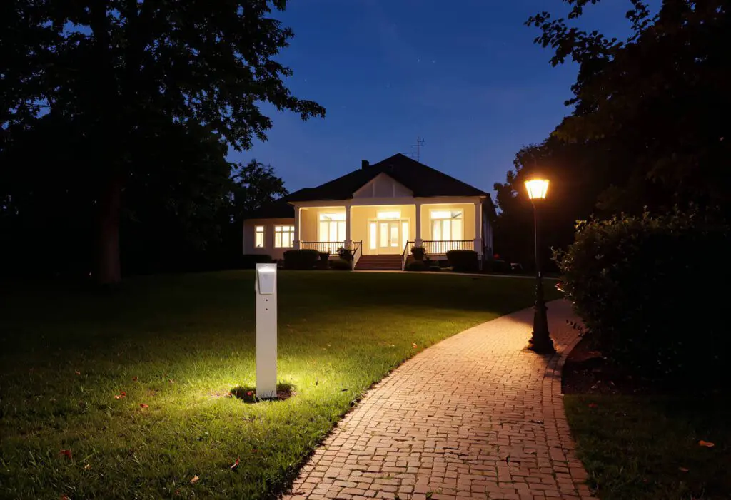 Outdoor lighting: House exterior with pathway and energy-efficient LED lights at dusk. Power and electricity.