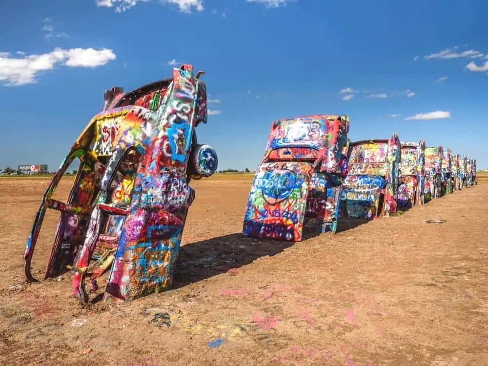 AMARILLO TEXAS USA MAY 12 2016 Cadillac Ranch in Amarillo. Cadillac Ranch is a public art installation of old car wrecks and a popular landmark on historic Route 66