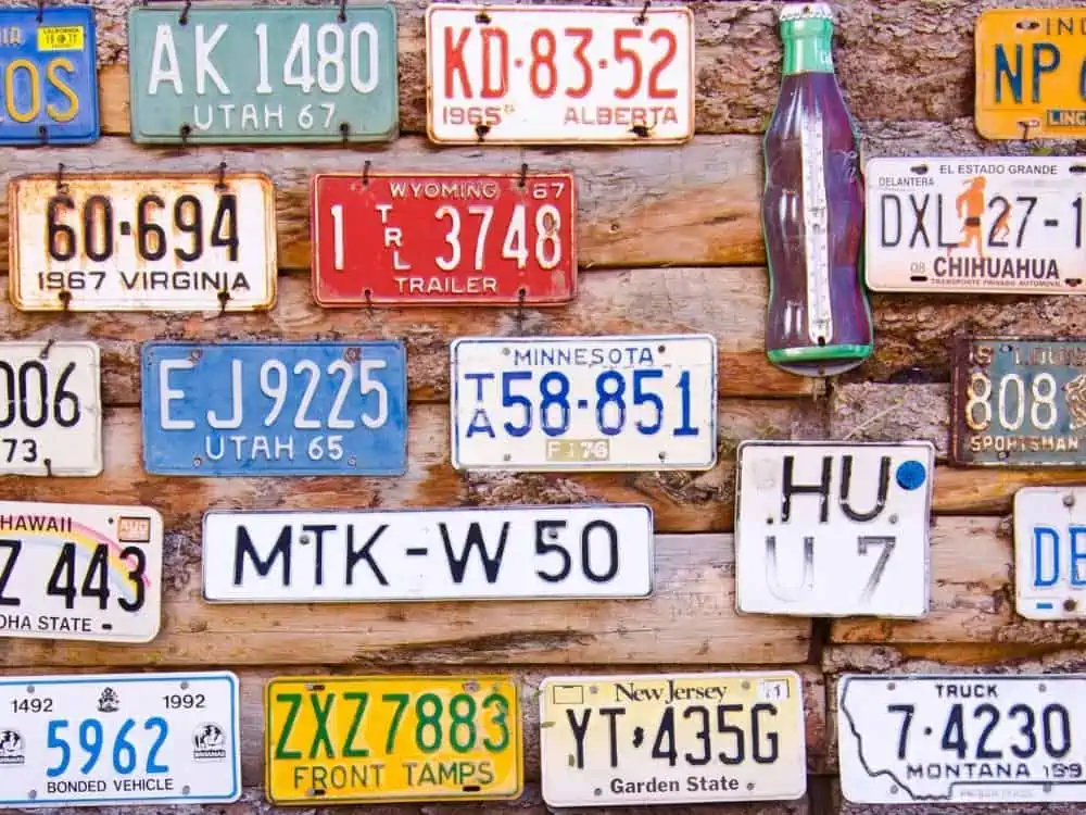 Collection of License Plates on a wall Texas