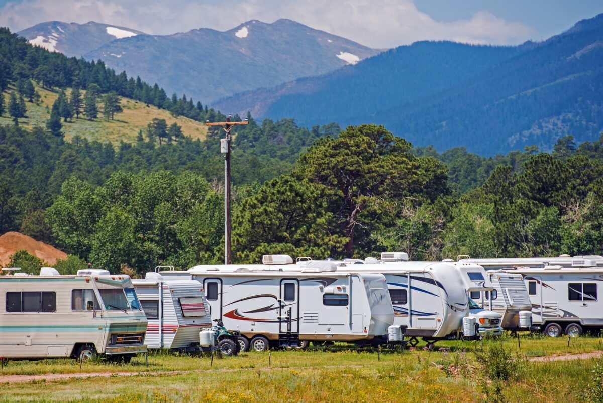 Mountain RV Park with Travel Trailers and Motorhomes. Recreational Vehicles - Texas View