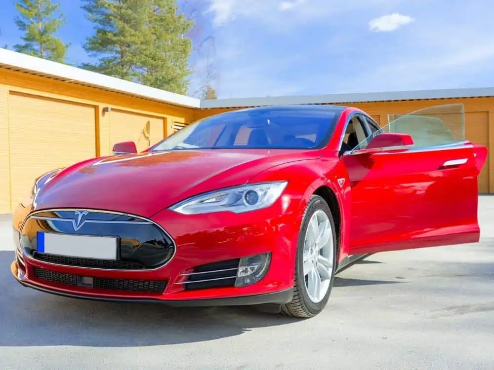 Tesla Motors Model S Sedan Electric Red Car On March 31 2015.