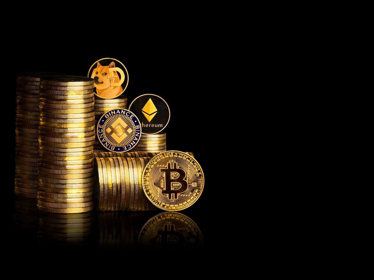 Gold Bitcoin and Stack of Crypto on Dark Background - Texas View