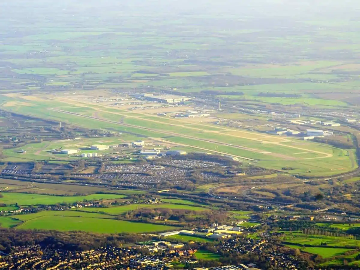 Aerial view of Stansted Airport London and its landing strip on a misty day - Texas View