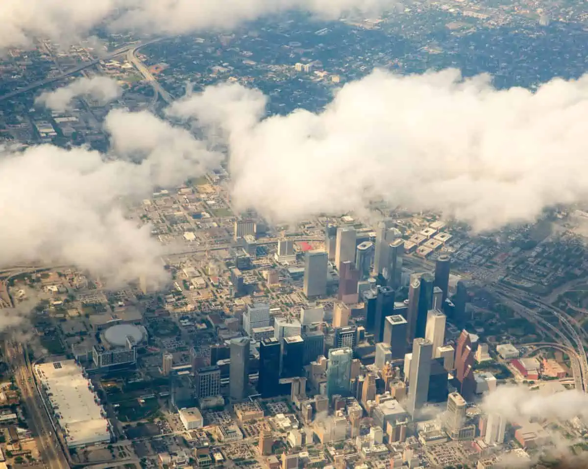 Houston Texas cityscape view from aerial view airplane. - Texas View