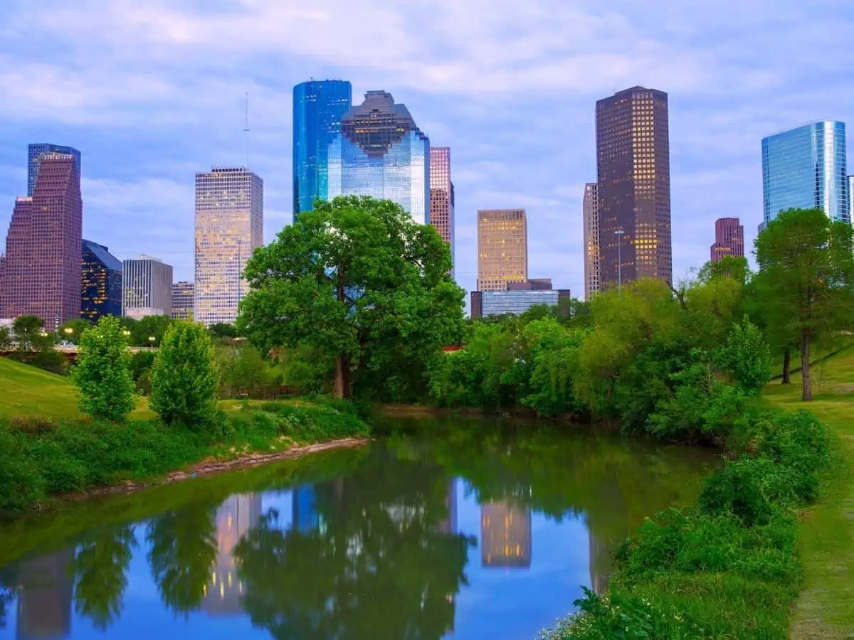 Houston Texas modern skyline from park river - Texas View