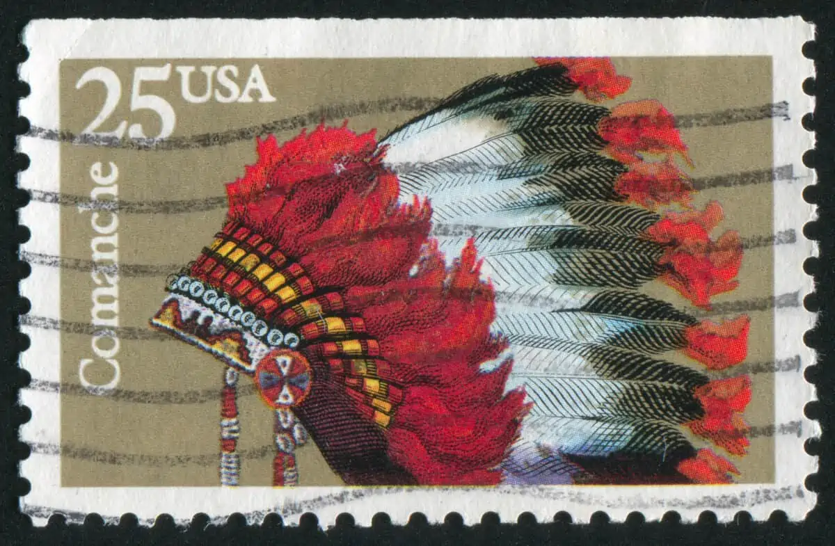 UNITED STATES CIRCA 1990 stamp printed by United States of America shows Indian headdress Comanche crica 1990. - Texas News, Places, Food, Recreation, and Life.