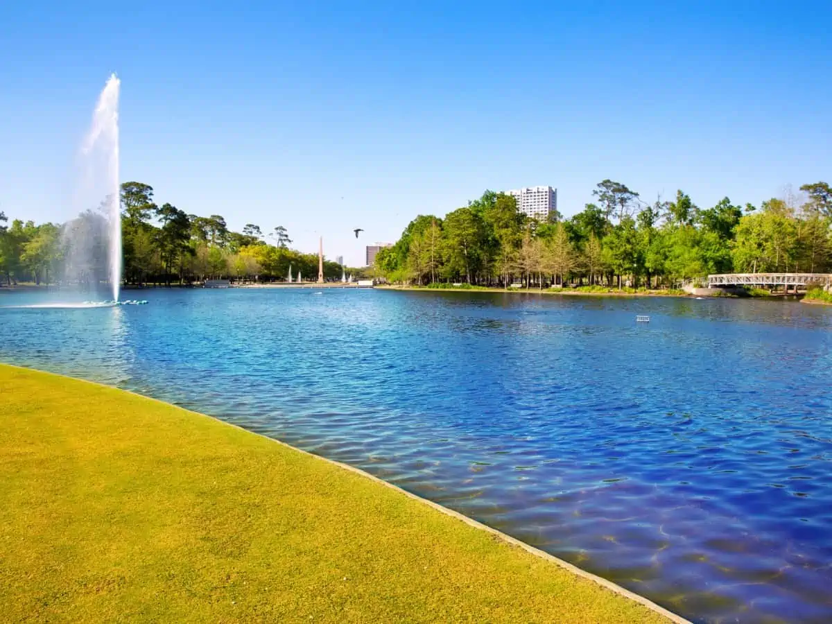 Houston Mc govern lake with spring water and green grass in - Texas View