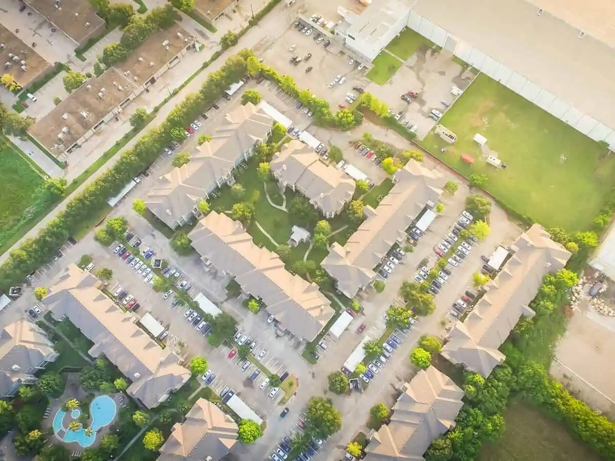 Aarial view of houses in Houston Texas USA. Top of homes with swimming pool and outdoor parking lots - Texas View