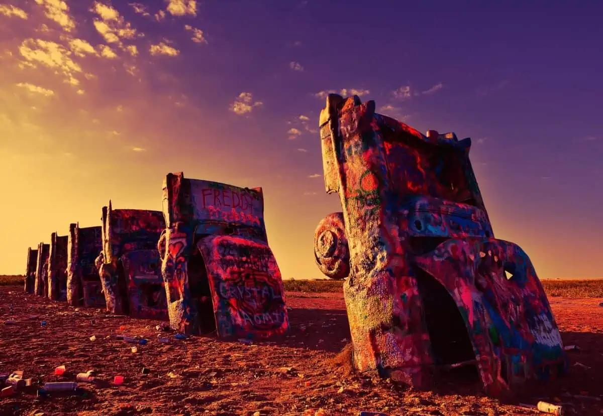 Amarillo Texas July 21 2017 Cadillac Ranch in Amarillo. Cadillac Ranch is a public art installation of old car wrecks and a popular landmark on historic Route 66. - Texas News, Places, Food, Recreation, and Life.