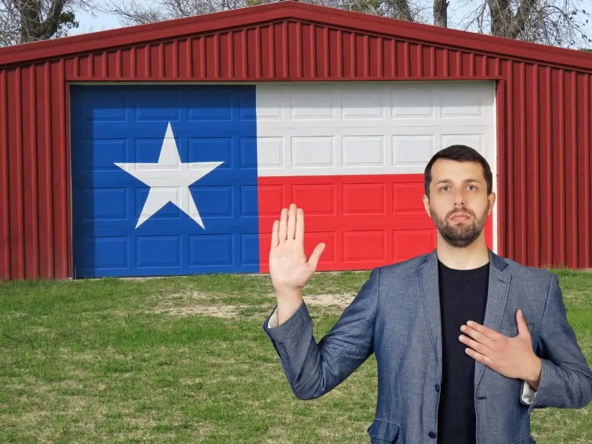 Pledge of Allegiance Texas man infront of a flag - Texas View