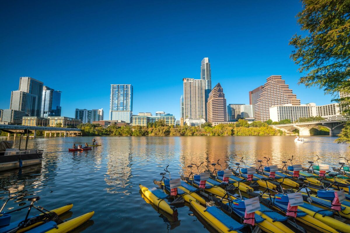 Riverside view of downtown skyline of Austin Texas in USA - Texas View
