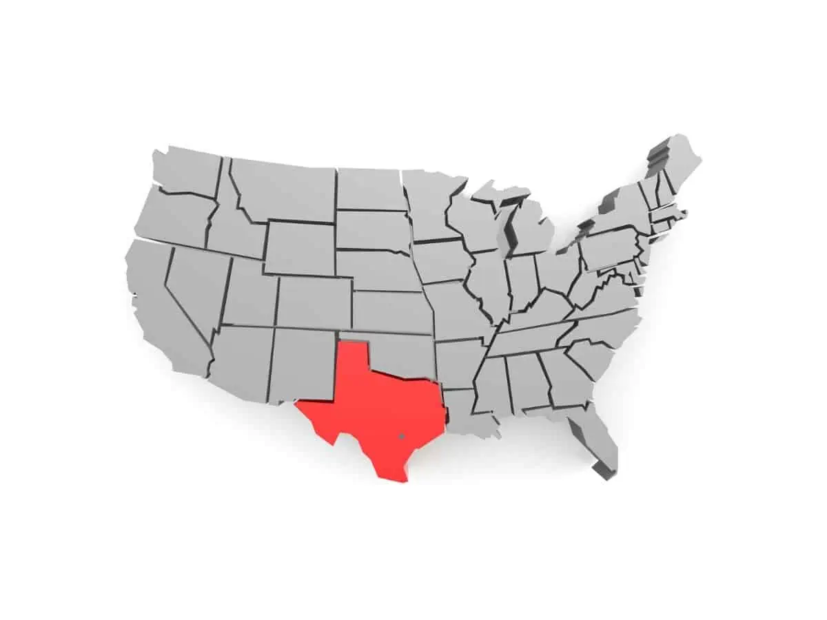 USA States Map with Texas in Red - Texas View
