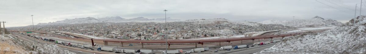 Ciudad Juarez Chihuahua Mexico February 2022 snow mountain and highway panorama - Texas View