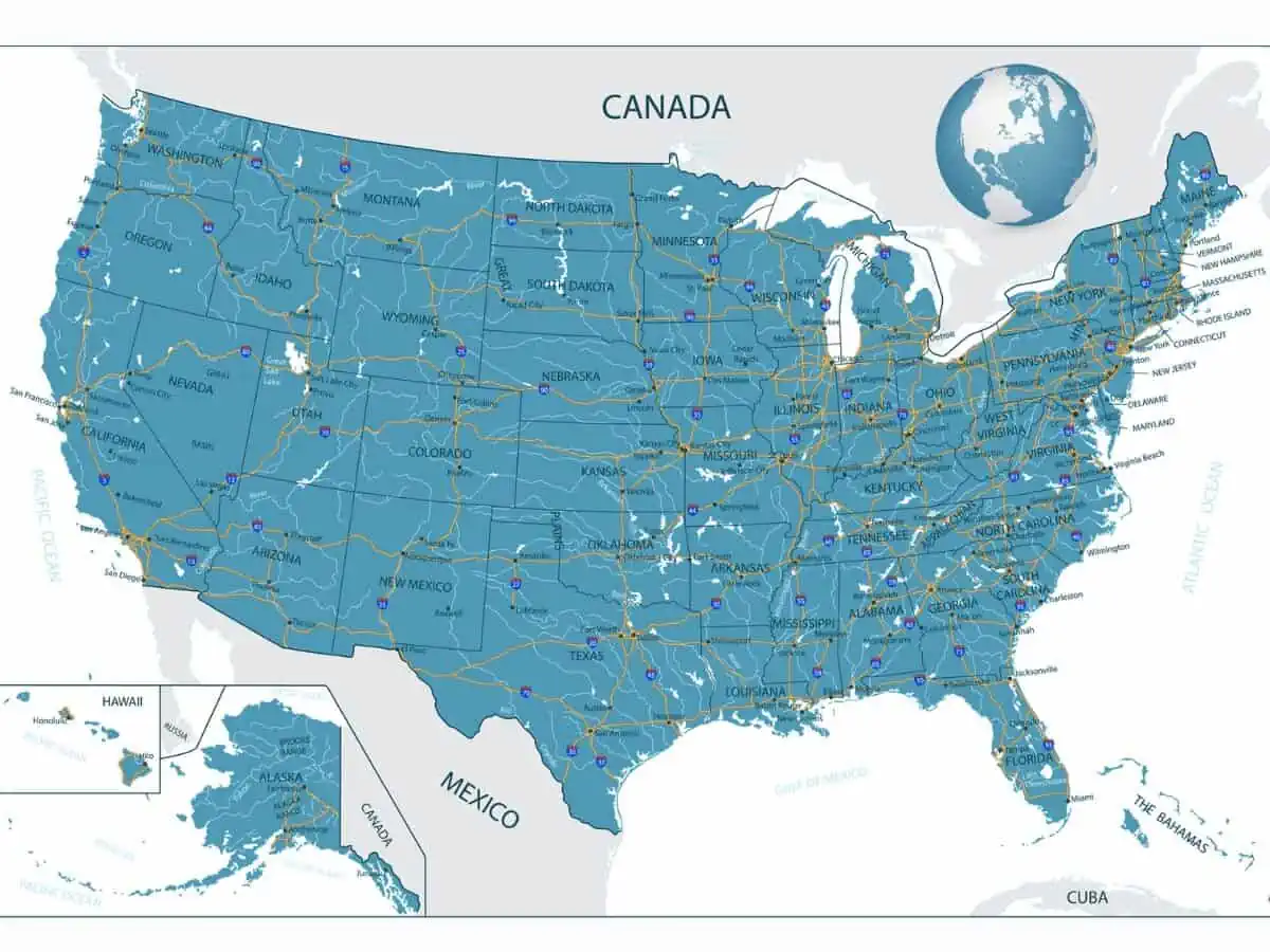 Highly detailed road map of United States. - Texas View