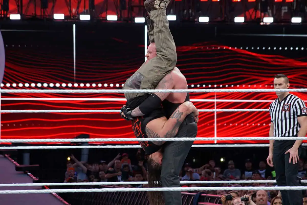 SANTA CLARA MARCH 29 WWE Wrestler the Undertaker tombstone piledrivers Bray Wyatt middle of ring during match at Wrestlemania 31 at the Levis Stadium in Santa Clara California on March 29 2015. - Texas View