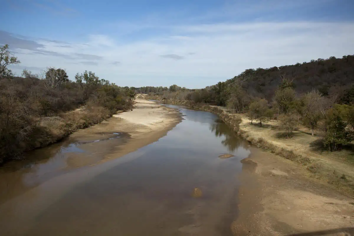 View of Brazos north of Interstate 20 Parker County Texas. This section of the Brazos between Possum Kingdom and Lake Granbury was the focus of John Graves classic book Goodbye to a River. - Texas View