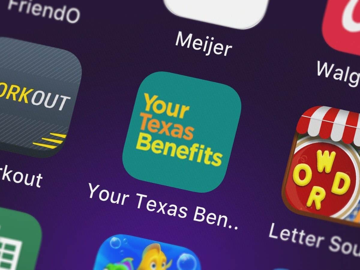 Your Texas Benefits app icon on a smartphone. Texas benefits services application.