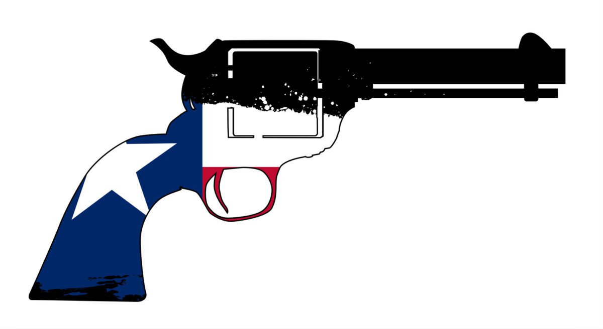 A typical six gun isolated over a white background with the state flag of Texas. - Texas View