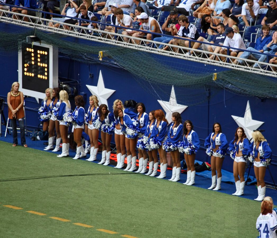 A view of the end zone in Texas Stadium on Sunday October 5 2008 and the Dallas Cowboys cheerleaders preparing for the half time show. The last season that the Cowboys will play in Texas Stadium. - Texas View