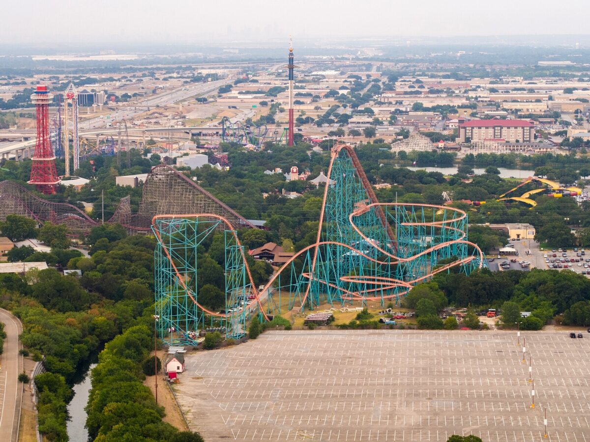 Aerial image of an amusement park in Arlington texas Six Flags. - Texas View