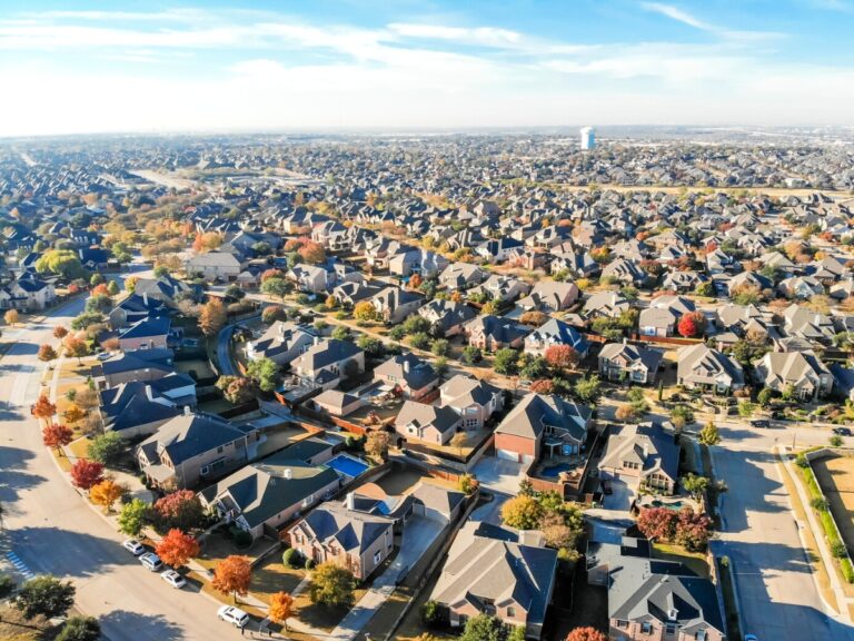 Aerial view new development neighborhood in Cedar Hill Texas USA in morning fall with colorful leaves. A city in Dallas and Ellis counties located approximately 16 miles southwest of downtown Dallas. 2 - Texas View