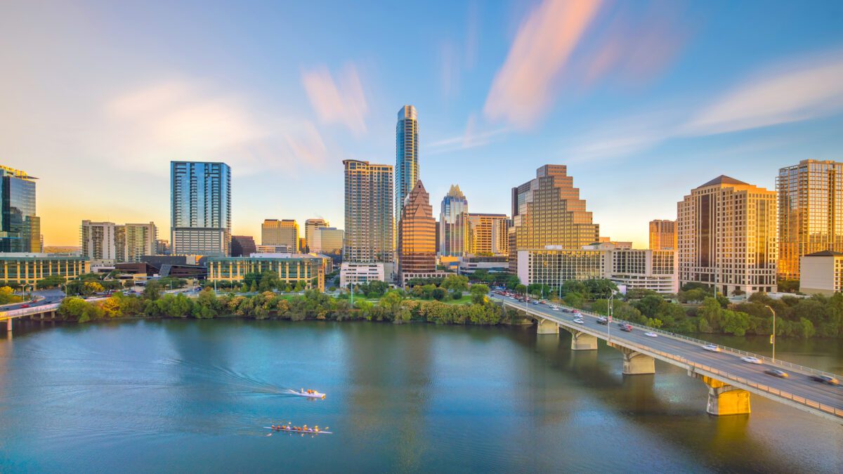 Downtown Skyline of Austin Texas in USA from top view at sunset - Texas View
