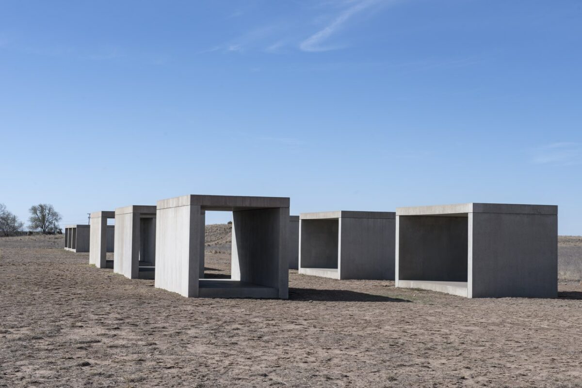Judds cubes by Minimalist artist Donald Judd on the grounds of the Chinati Foundation - Texas View