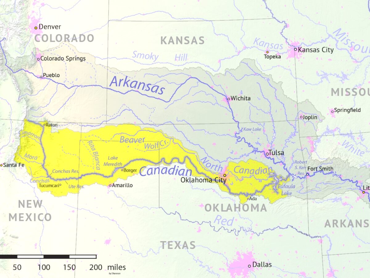 Map showing the location of the Canadian River drainage basin within the Arkansas River basin. - Texas News, Places, Food, Recreation, and Life.