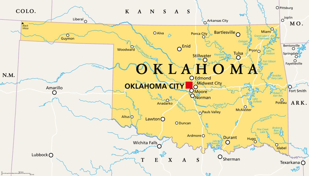 Oklahoma OK political map with capital Oklahoma City important cities rivers and lakes. US State in the South Central region nicknamed Native America Land of the Red Man or Sooner State. - Texas News, Places, Food, Recreation, and Life.