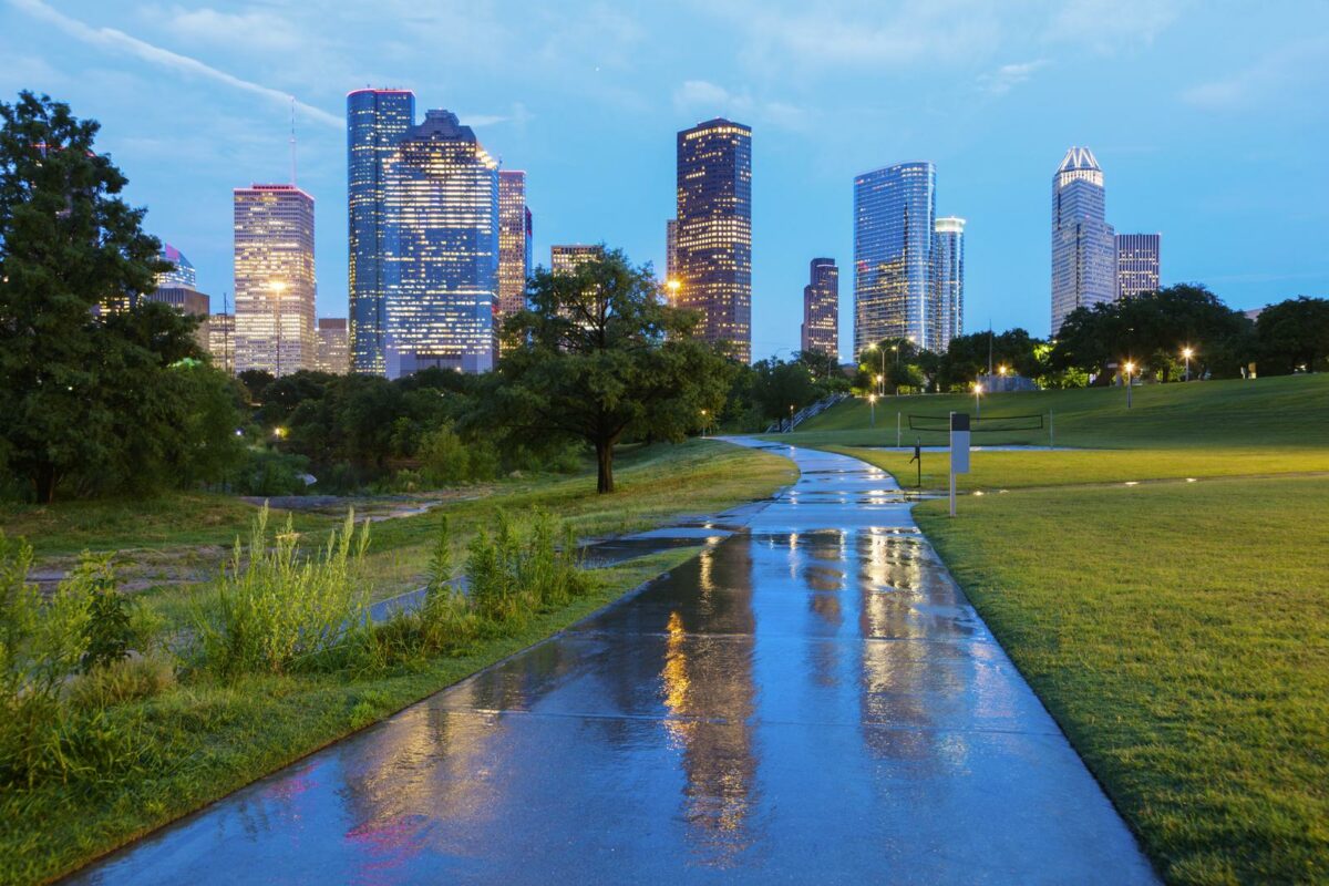 Panorama of Houston at night. Houston Texas after rain in the evening. - Texas View