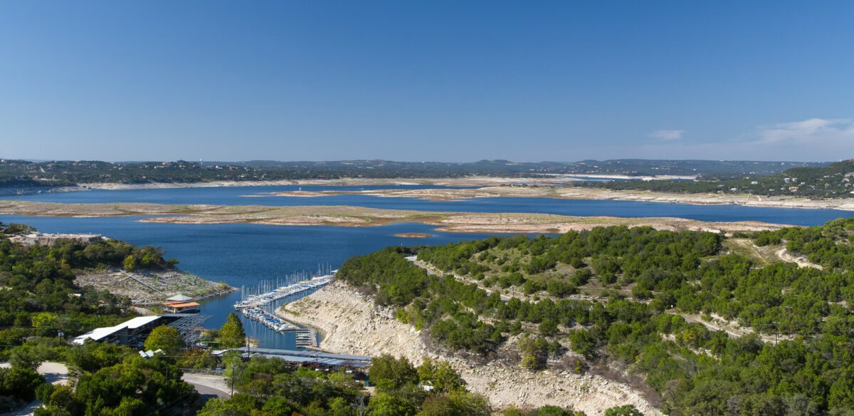 Panoramic View of drying Lake Travis a reservoir on the Colorado River in central Texas in the United States. - Texas View