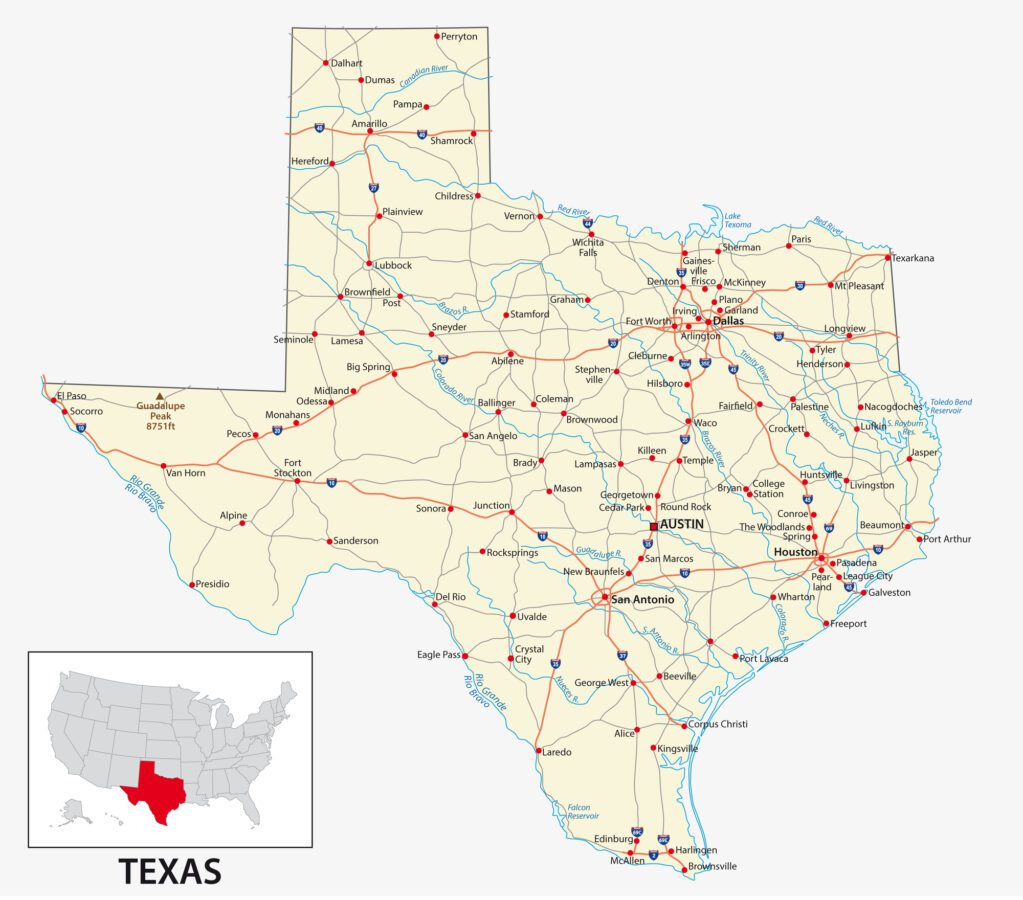 Road map of the US American State of Texas. - Texas View