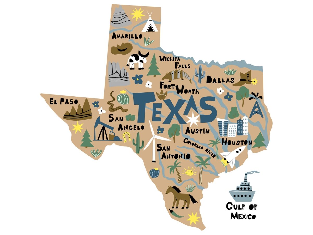 Texas infographic flat hand drawn vector illustration. American state cartoon map. - Texas View