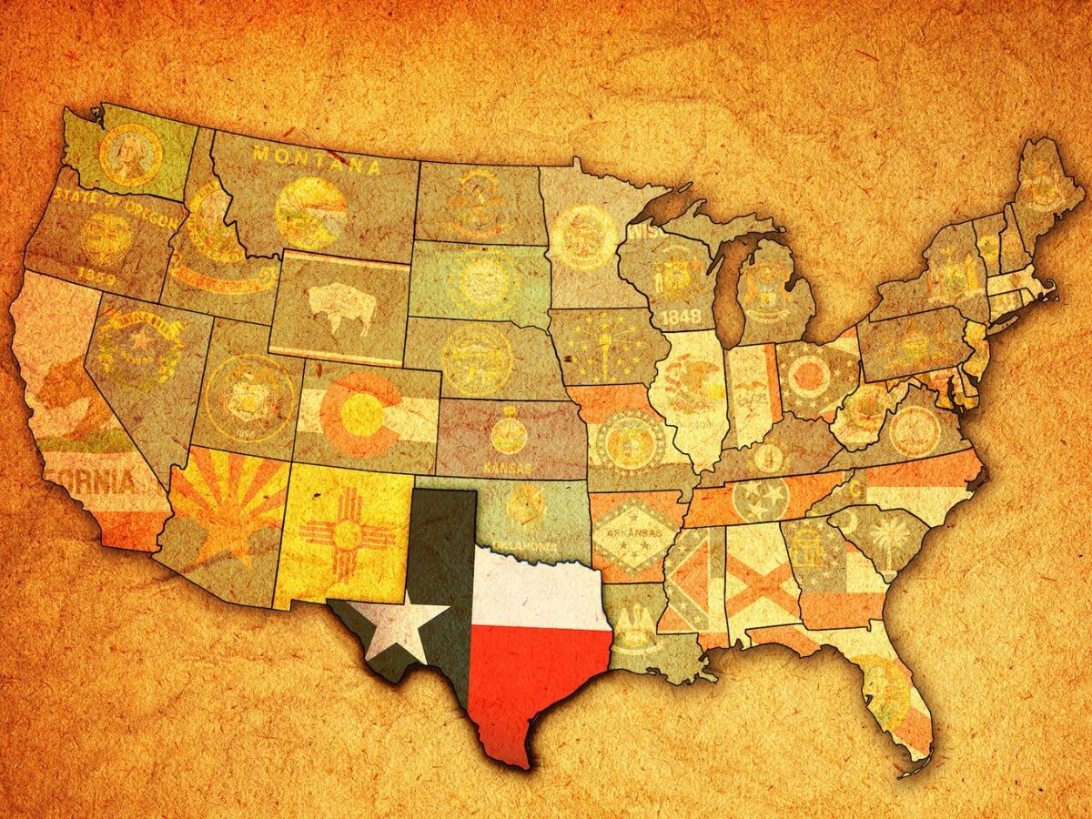 Texas on an old vintage map of USA with state borders. - Texas View