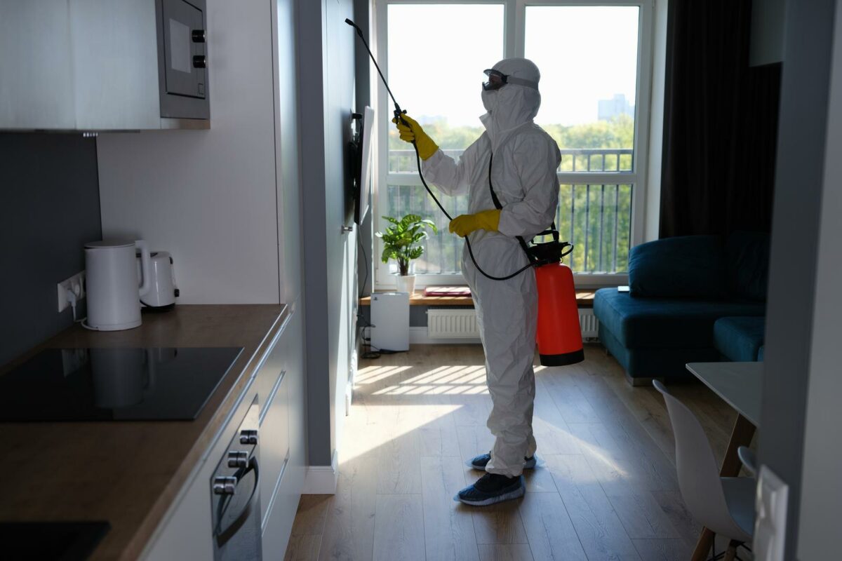 Worker in protective suit cleans room from cockroaches and rats with spray gun. Sanitary service disinfects the apartment with chemical agent. - Texas View