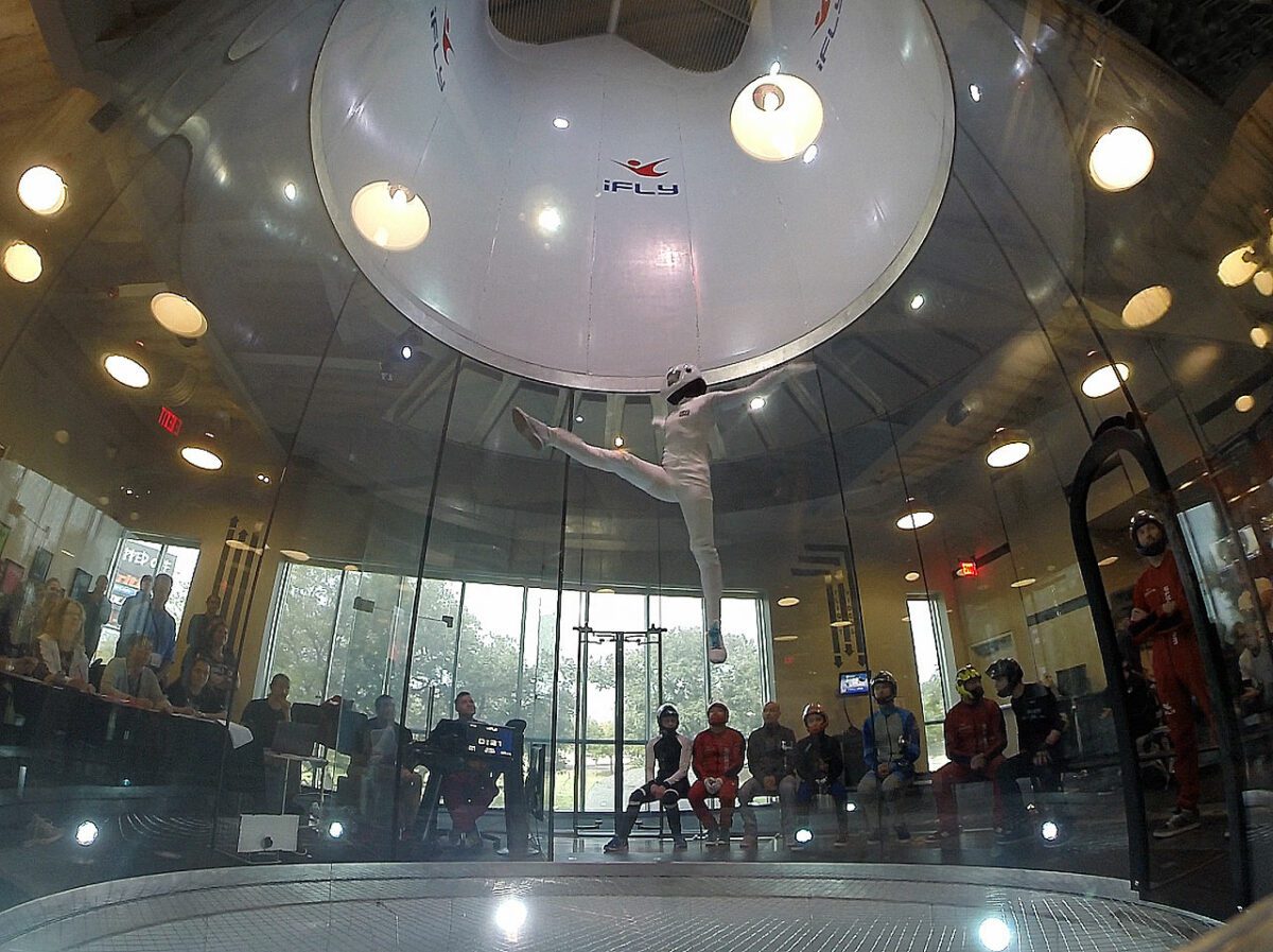 1st FAI Indoor Skydiving World Cup in Austin Texas. Lise Hernandez is performing her Freestyle routines with music. - Texas View