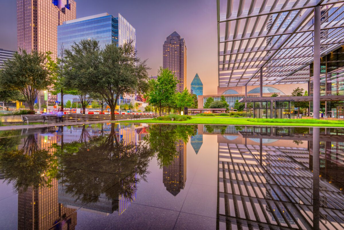 Dallas Texas USA downtown plaza and cityscape at twilight - Texas View