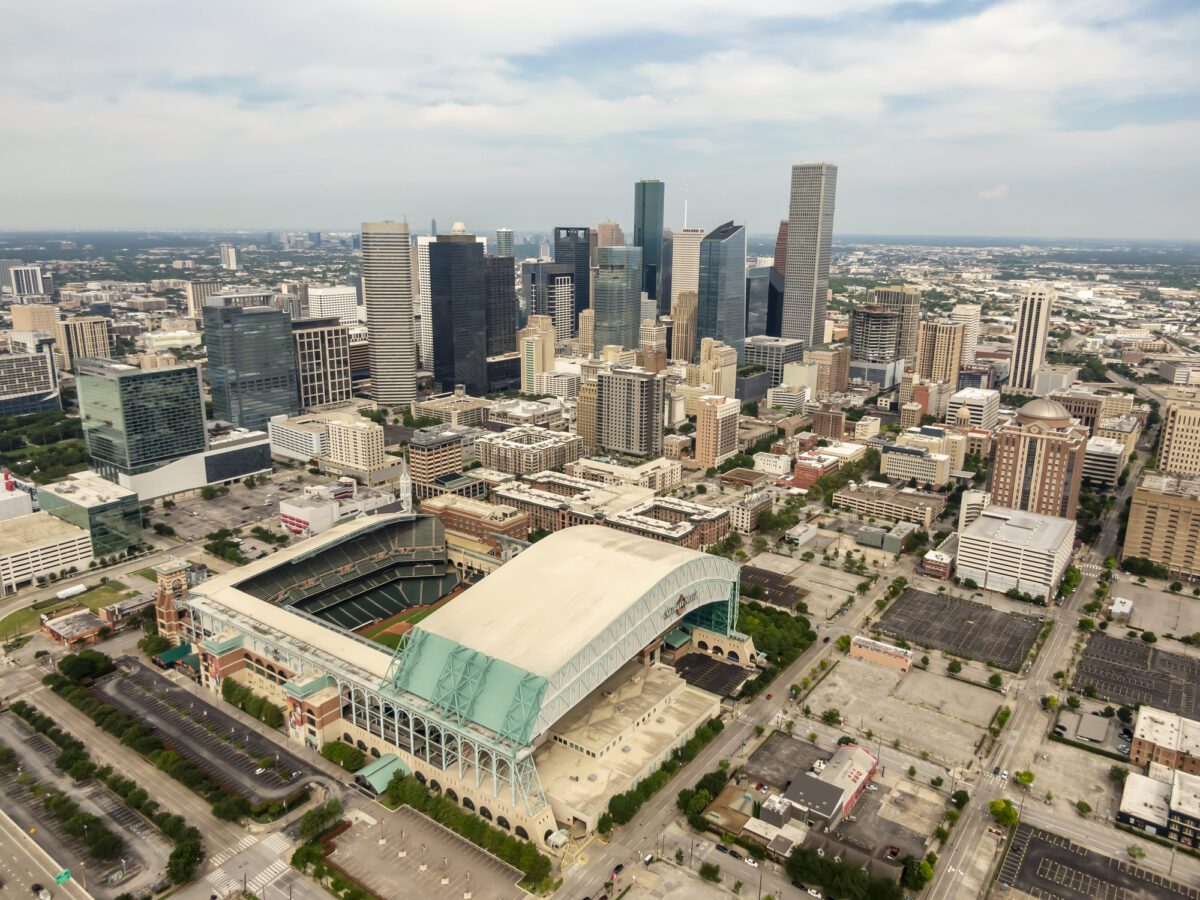 May 30 2020 Houston Texas USA Minute Maid Park is a ballpark in Downtown Houston Texas as the home stadium of the Houston Astros of Major League Baseball MLB. - Texas News, Places, Food, Recreation, and Life.