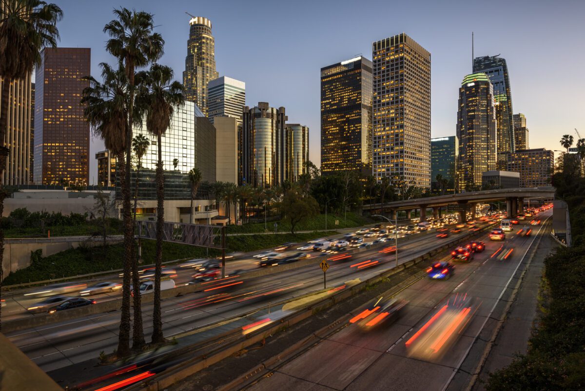 Traffic in downtown Los Angeles California at sunset - Texas News, Places, Food, Recreation, and Life.