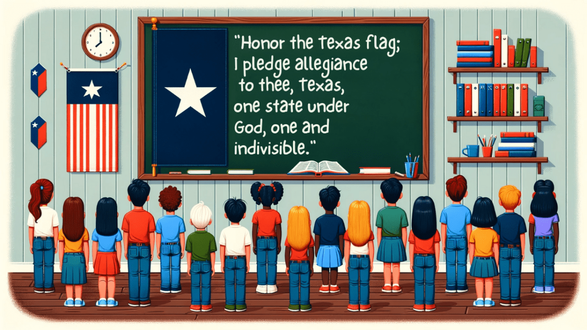 Texas Pledge Cartoon of children at school standing pledging - Texas View