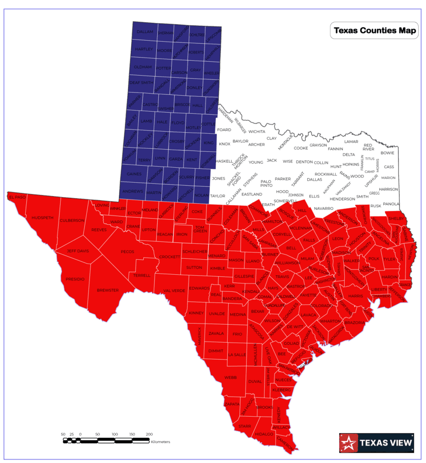 Texas County Map Red White Blue - Texas View