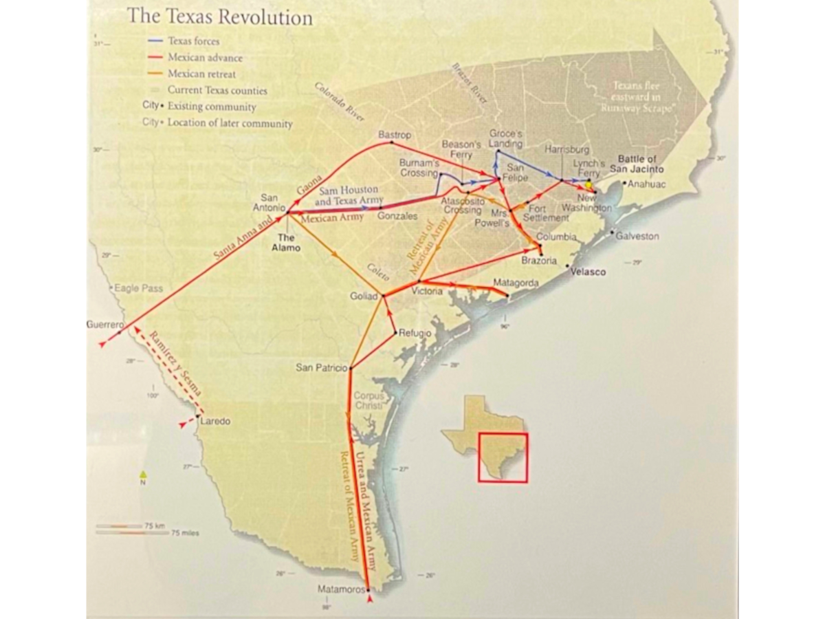 Texas Revolution map is an illustration of defensive offensive and withdrawal military movements charged by the Mexican Army Texian Army and Texian militia volunteers - Texas View