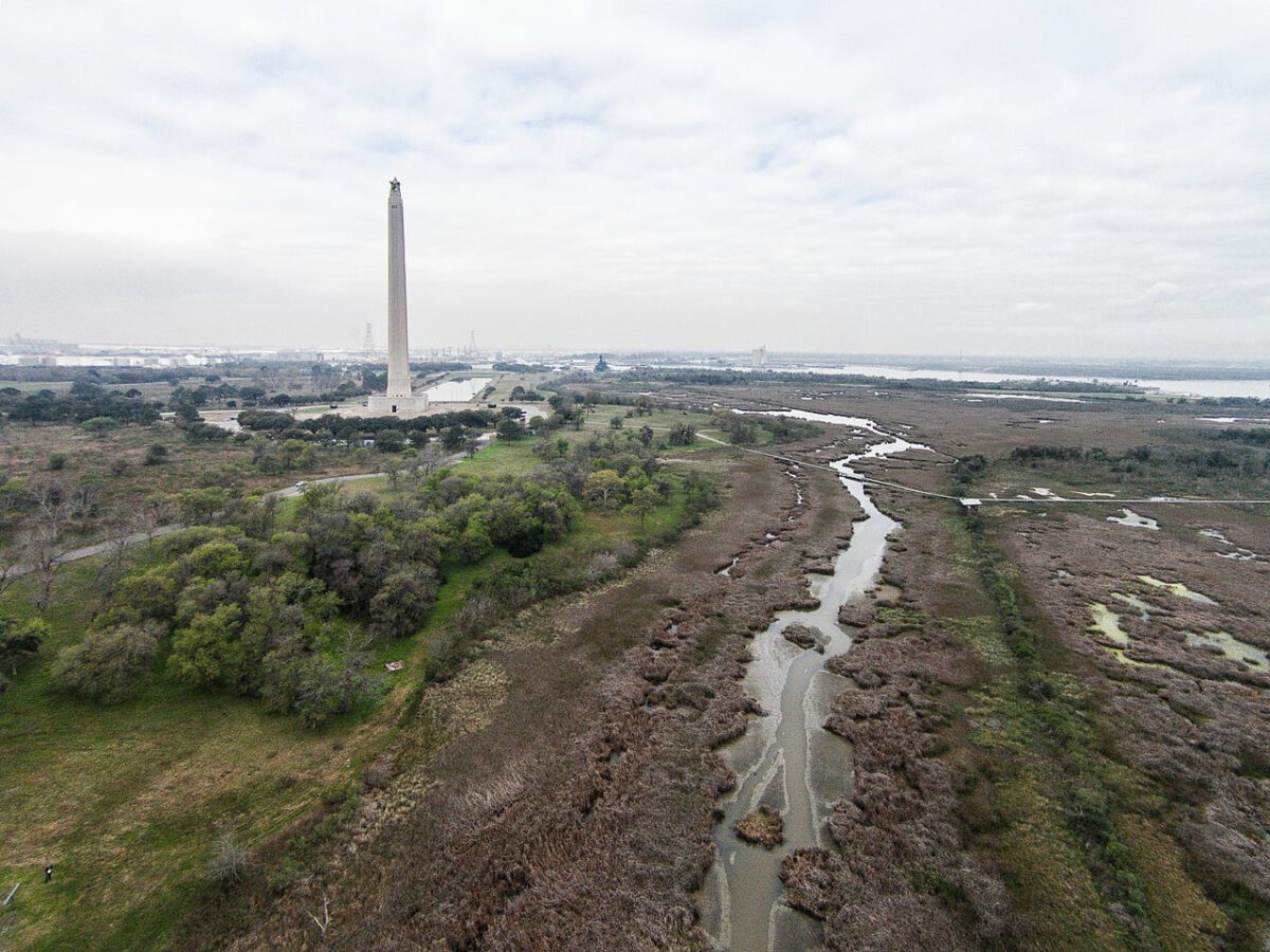 UAV view of the San Jacinto Battlefield site and Texas Monument - Texas View