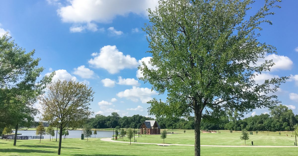 Beautiful lakeside park with community pavilion in Coppell Texas USA - Texas View