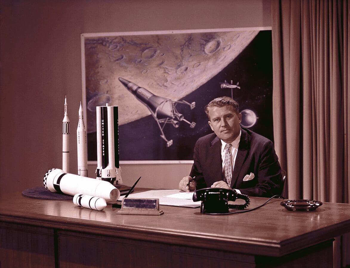 Wernher von Braun in his office at Marshall Space Flight Center