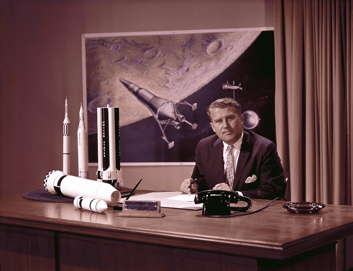 Wernher von Braun in his office at Marshall Space Flight Center
