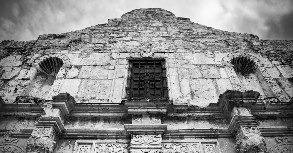 Alamo black and white building face - Texas View