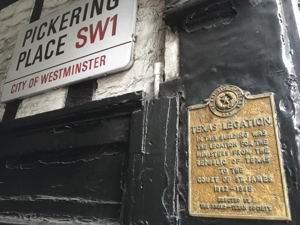 commemorative plaque for the location of the Republic of Texas Legation in London, for the period 1842 to 1845. The plaque is located at No 3 Pickering Place near St. James Palace in London.
