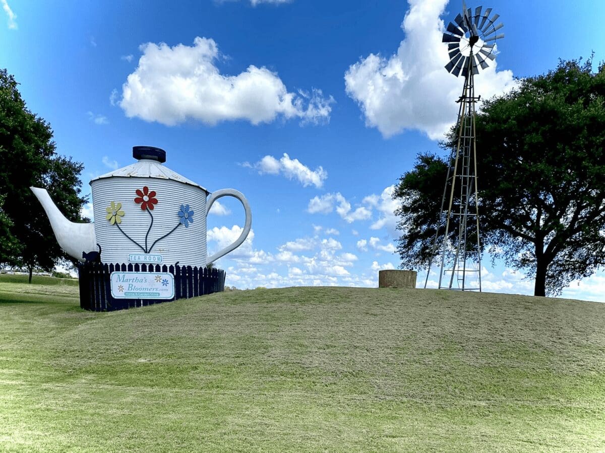 World's Largest Teapot: Martha's Bloomers tea room in Texas. Includes windmill, blue sky, and green grass.