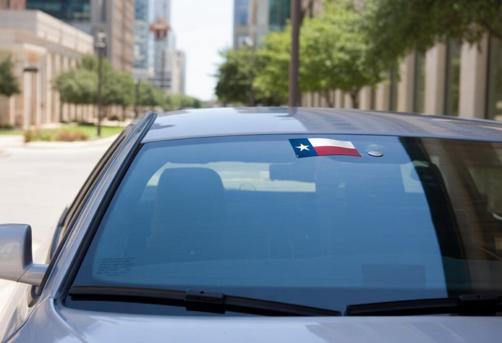 Close-up of a car window with tint on a sunny street in Texas, showing buildings and a Texas flag in the background.